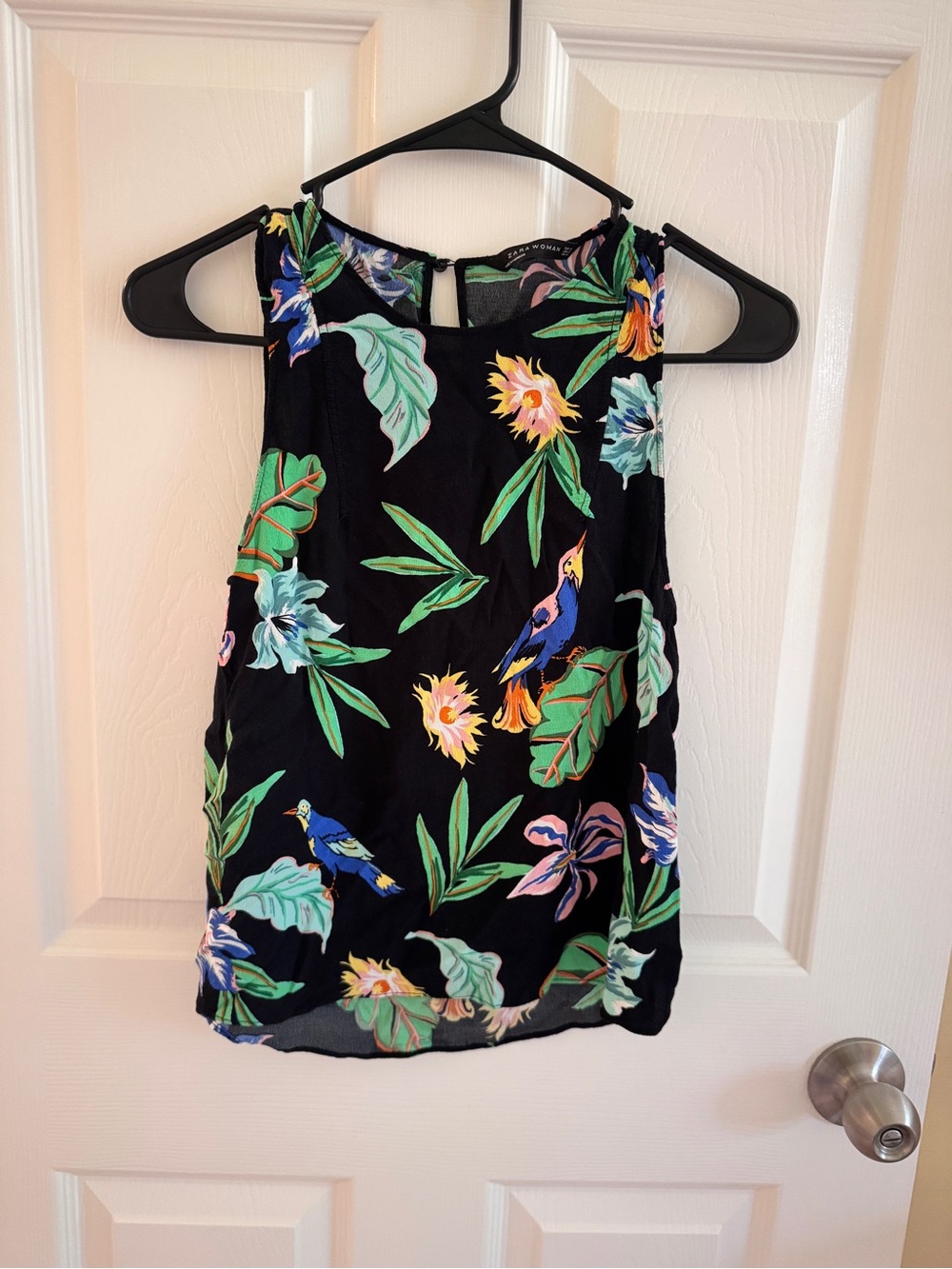 Zara Woman Black Sleeveless Top with Green and Orange Tropical Leaf Print